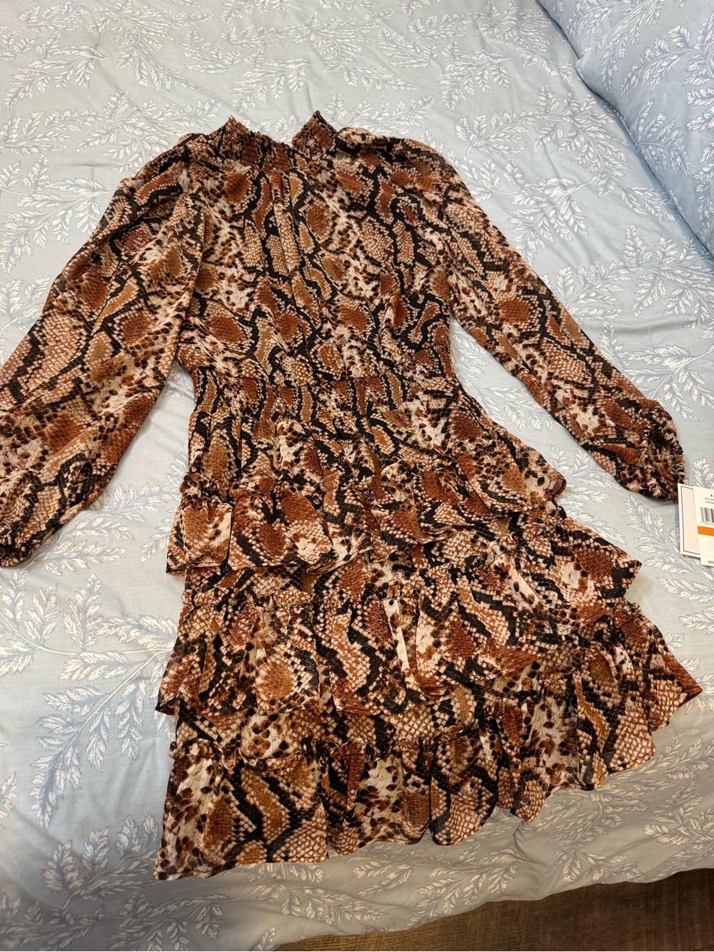 1. State Brown Snake-Print Tiered Long Sleeve Dress